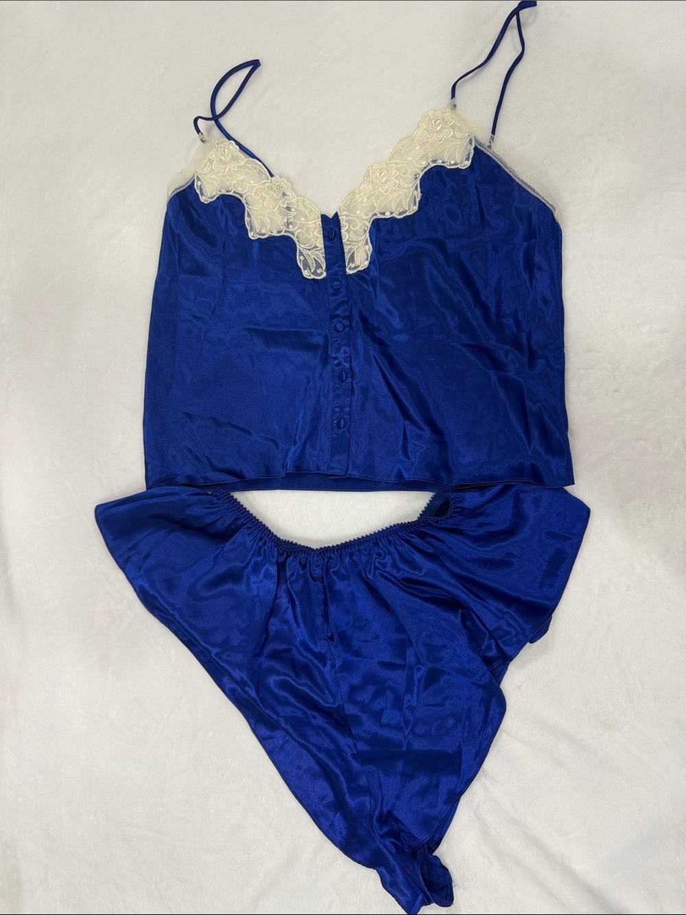Vintage Victoria's Secret Royal Blue Satin Cami & Brief Set Cream Lace NWT Sz L